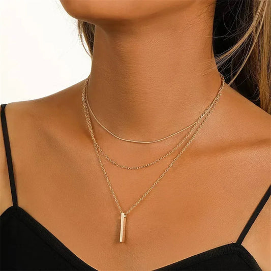 Vintage Layered Metal Bar Pendant Necklace for Women Daily Wear Gold Color Reactangle Clavicle Chain Collarbone Necklace Jewelry