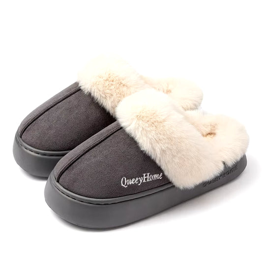 Queeyhome Winter Women Flat-Bottomed Plush Commute Solid Color Versatile Cotton Slippers Warm Cozy Indoor-Outdoor Man Shoes